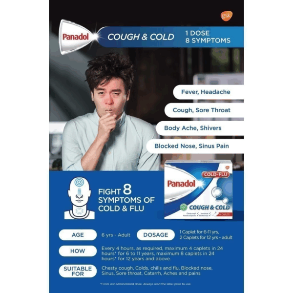 Panadol Cough & Cold Caplets 16's - For Cold & Flu - Image 2