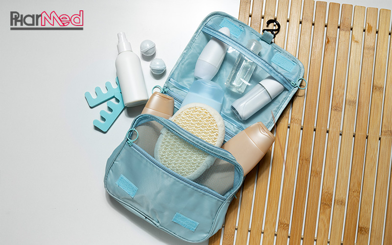 Personal care products in a travel bag.